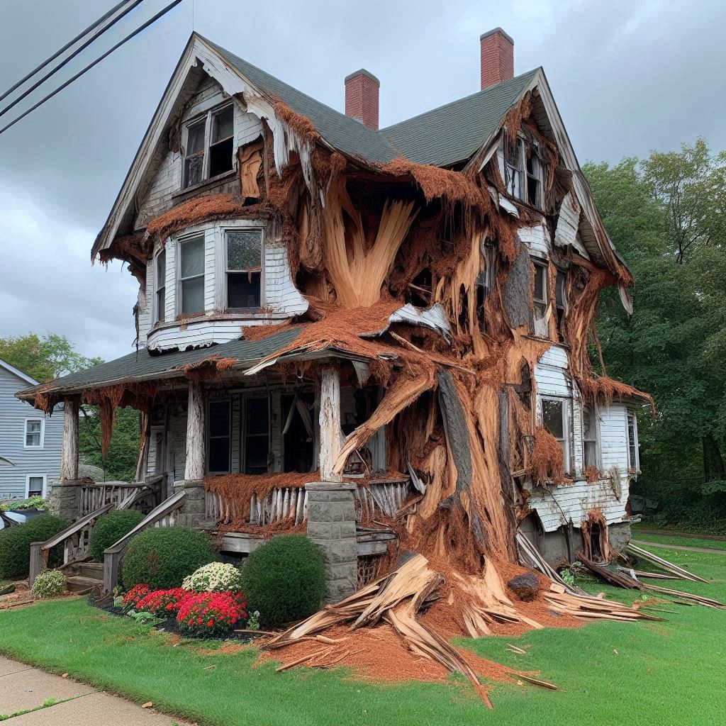 Damaged tree on an Biscayne home showing signs of disease and decay